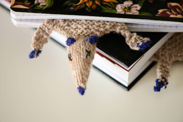 Close up of knitting rat bookmark in book