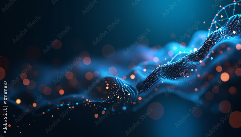 Poster a dna-like structure of dots and lines in blue and red creates a sense of movement and depth on a da