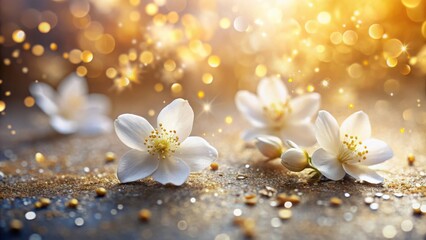 Delicate white blossoms rest upon a bed of golden glitter, bathed in the soft glow of a warm, ethereal light.