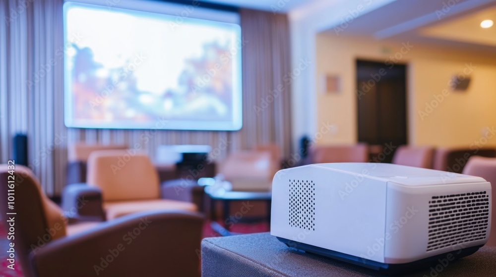 Poster a projector in a cozy lounge setting with a large screen in the background.