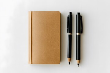 spiral office notebook with black pens next to it on the white desk