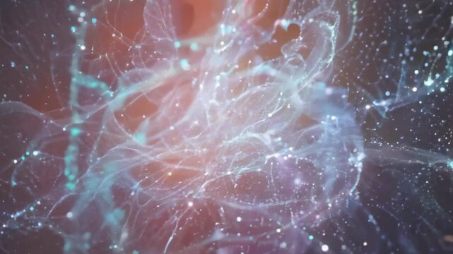 Mesmerizing loop of fluid purple particles in dynamic real time simulation with glowing interactions