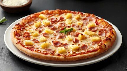 Pizza Perfection: Melted Cheese and Tropical Toppings on a Rustic Background