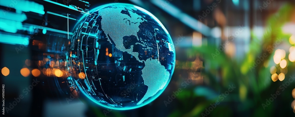 Poster abstract digital globe with glowing data streams in modern office environment.