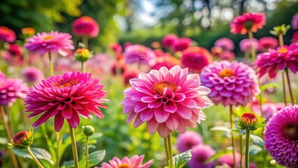 A vibrant field of blooming pink dahlias, their petals unfurling under the warm summer sun.