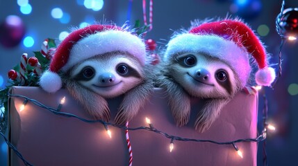 Obraz premium Adorable sloths in Santa hats hanging from the edges of a large gift box, surrounded by festive decorations and glowing fairy lights.