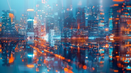 Fototapeta premium Abstract cityscape with modern architecture, glowing lights, and reflections, creating a dynamic yet clean background with copy space
