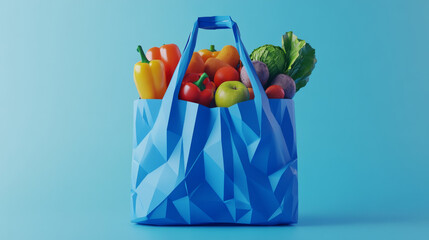 A blue 3D bag filled with groceries, like a food delivery service. It shows how food is brought to homes and offices. The bag is made of simple lines, low poly wireframe, and looks like a takeout bag.