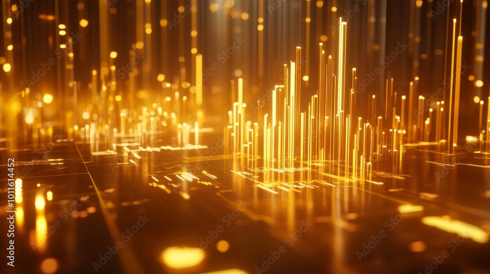 Poster golden light pillars rise from a complex grid, creating a futuristic scene that symbolizes data flow