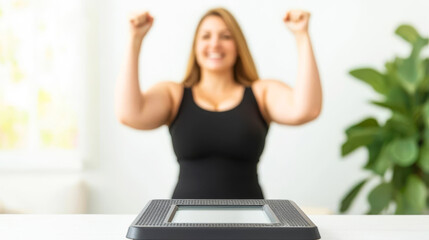 Happy woman celebrating successful weight loss on scale in bright living room Fitness goals and healthy lifestyle concept Joyful moment of achievement and motivation