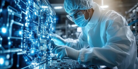 Lab technician works on working on a processor chip and development of microelectronics and processors in a laboratory
