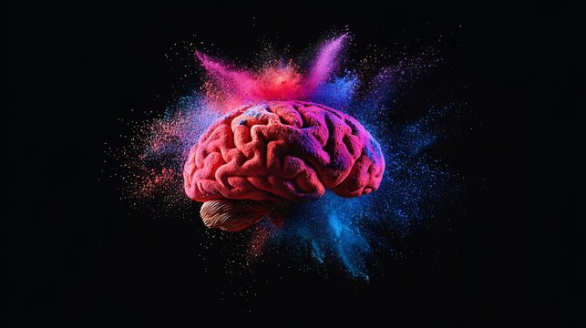 Colorful brain with vibrant explosion effects.