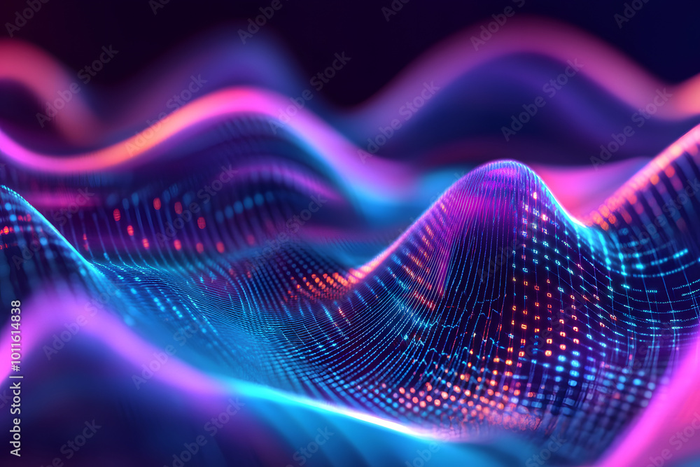 Poster big data abstract visualization: business charts analytics. 3d sound waves. digital surface with flo