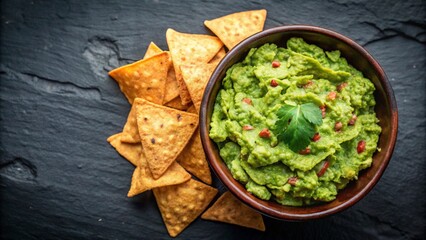 Bowl of guacamole with tortilla chips on black slate background.