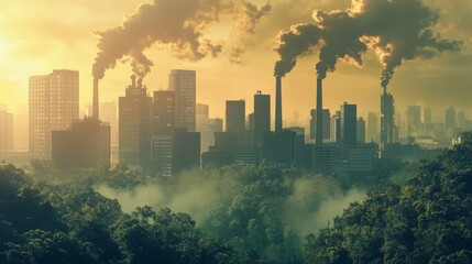 A city skyline filled with dense smoke rising from factory chimneys, contrasting with the lush greenery in the foreground. A dramatic scene representing industrial pollution and environmental concerns