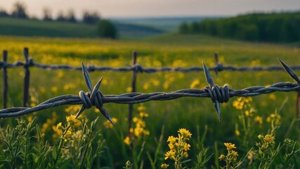 Fototapeta premium A barbed wire fence lines a meadow filled with yellow wildflowers under a colorful sunset