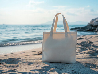 A serene beach day with a simple canvas bag resting on golden sand near gentle ocean waves