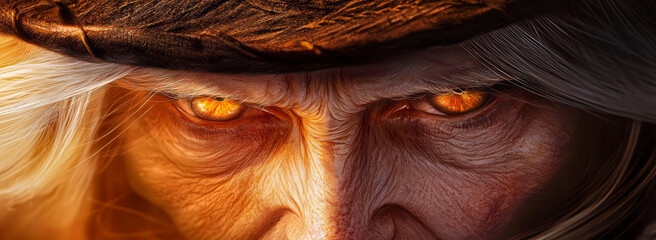 An eerie portrait of an old witch with a fierce gaze, her ancient, frayed hat perched atop her head, against a soft orange-to-black gradient background.