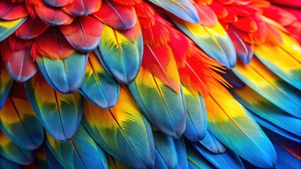 Fototapeta premium A vibrant abstract pattern of overlapping feathers showcasing a spectrum of colors, from vivid red and orange to deep blue and green, revealing intricate details and a natural beauty.
