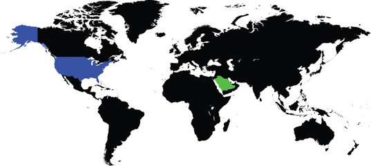 Saudi Arabia and United States maps on a global map vector