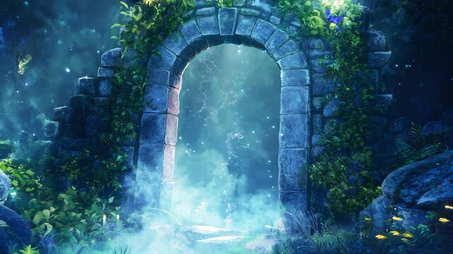 Ancient gate ruins in thick swirling mist with vibrant colors. Playful fantasy concept.
