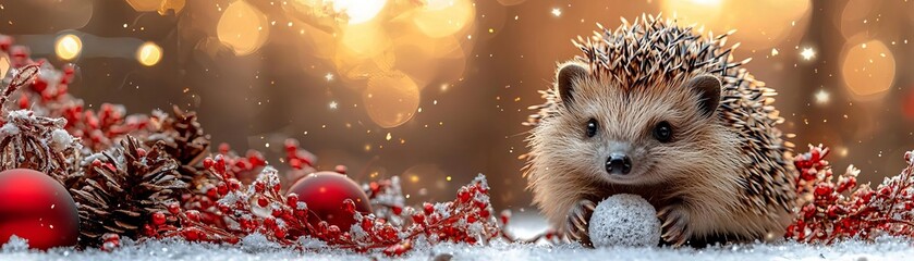 Obraz premium A smiling hedgehog rolling a tiny snowball, surrounded by Christmas decorations with a bright background and space for text