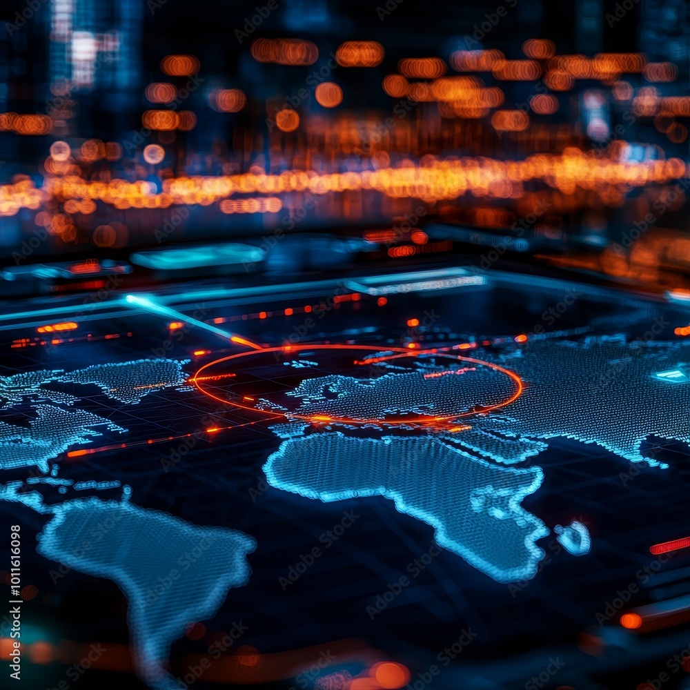 Poster digital world map with glowing circuits and data analytics interface.