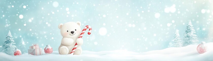 Fototapeta premium A smiling polar bear hugging a large candy cane, with a vibrant snowy Christmas scene in the background and space for text