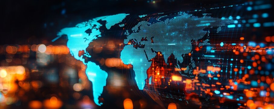 Digital world map with data and light effects against a dark background.