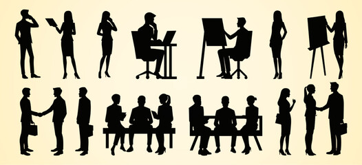 This image features silhouettes of business professionals engaged in various office activities like working, presenting, meeting, and communicating, symbolizing workplace collaboration and interaction