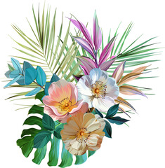 Bouquet of tropical flowers. Summer bouquet of flowers. Camellia, rose, hibiscus, orchid, plumeria, paradise flowers. Exotic, tropical