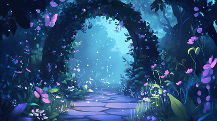 Obraz premium Archway in an enchanted fairy garden landscape, can be used as background. Enchanted Garden. Illustration