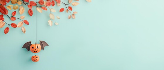 A cheerful bat hanging upside down from a tree branch, holding a tiny pumpkin with a bright, eerie background and ample space for advertisement copy