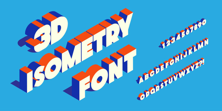 Isometry font 3d bold style for infographics, party poster, kids book, t shirt, flier, decoration, card, sale banner, printing on fabric, industrial. Cool typeface. Trendy alphabet. Vector 10 eps
