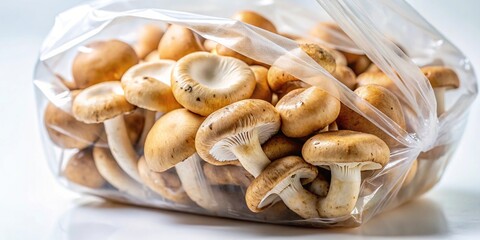 Freshly harvested mushrooms in clear plastic bag