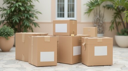 A stack of light brown moving boxes with empty labels on the side.