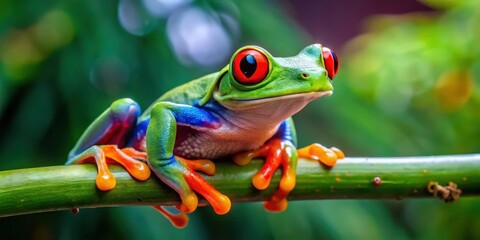 Naklejka premium A Vibrant Red-Eyed Tree Frog Perched on a Branch, its Bright Colors a Striking Contrast Against the Lush Green Foliage