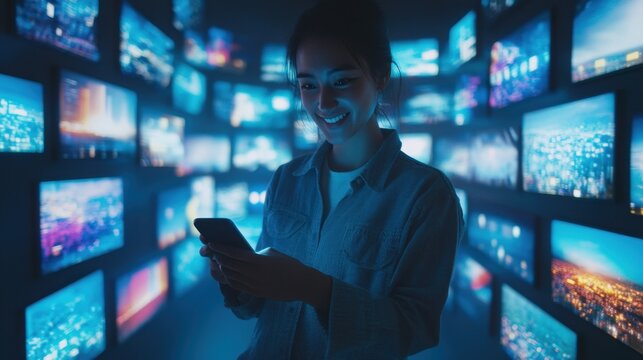 Smiling user has access to social media and a collection of information from all over the world