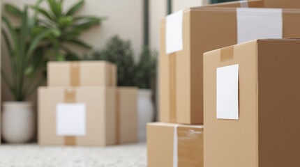 A stack of light brown moving boxes with empty labels on the side.