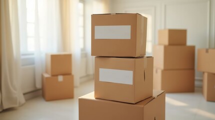 A stack of light brown moving boxes with empty labels on the side.