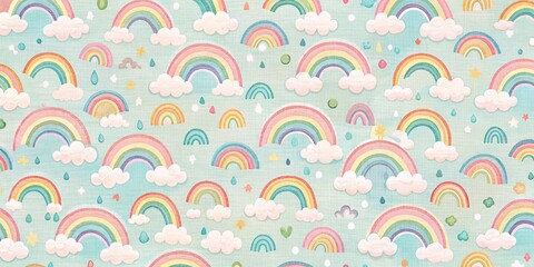 Fototapeta premium Watercolor Rainbow Pattern with Clouds and Rain, rainbow wallpaper, kids room decor, baby shower