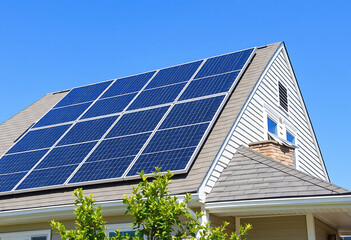 Obraz premium Modern Solar Panels Installed On A Home Under Clear Blue Sunny Sky In Mountain Desert With Swimming Pool, Solar Photography, Solar Powered Clean Energy, Sustainable Resources