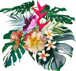 Bouquet of tropical flowers. Summer bouquet of flowers. Camellia, rose, hibiscus, orchid, plumeria, paradise flowers. Exotic, tropical