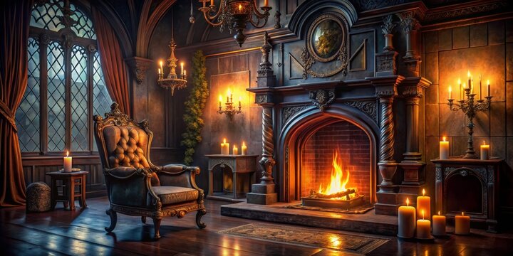 A Luxurious Fireplace in a Gothic Manor, digital art, ornate fireplace, candlelight, gothic interior, fantasy, fireplace