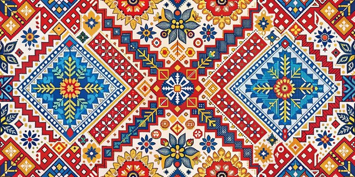 A Tapestry of Geometric Patterns and Floral Motifs, Composed in Vibrant Red, Yellow, and Blue Hues, Seamlessly Interwoven in a Symmetrical Design, Textile, Pattern
