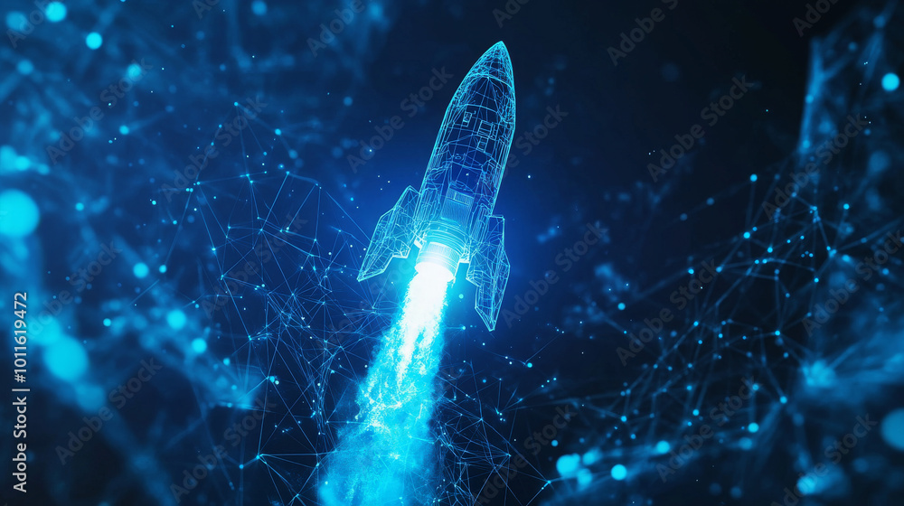 Poster a blue, futuristic background shows a rocket taking off, powered by an ai chip. this symbolizes the 