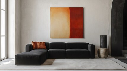 The black sofa in the living room exudes an impression of luxury, even though it embodies minimalism. The black sofa in the living room is set in a beautiful and artistic environment, complemented by 