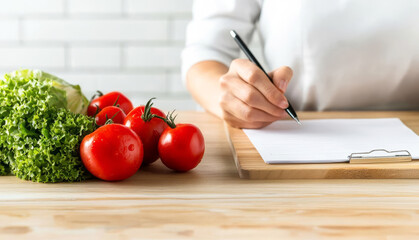 Wellbeing of health with good food control concept Woman writing the meal note and plan to eat during diet program to loss weight goal for balance nutrition and calories healthy ea