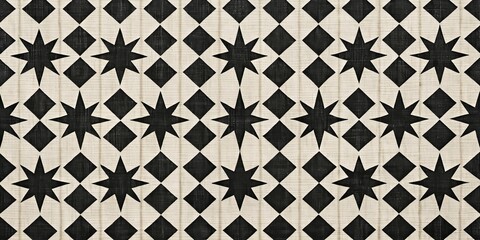 Black and White Diamond and Star Pattern on Linen Texture, Geometric, Abstract, Pattern