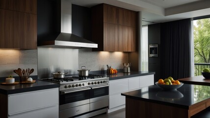 Fototapeta premium Modern kitchen with stainless steel appliances, dark wood cabinets, and a large island with fruit bowl.